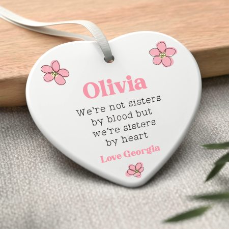 'Sisters By Heart' Lovely Ceramic Heart Shaped Decoration - Personalised Hanging Ornament