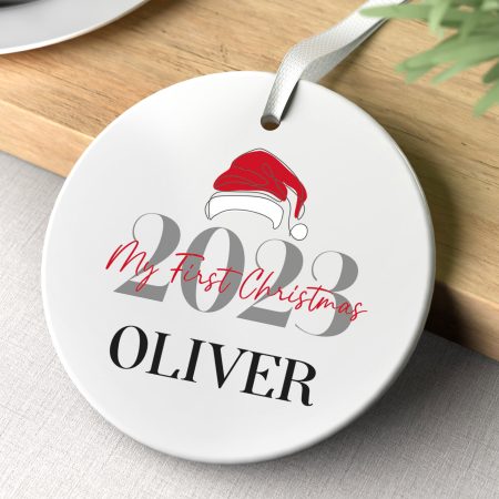 Personalised Baby's First Christmas Ceramic Ornament - Year and Santa Hat Design