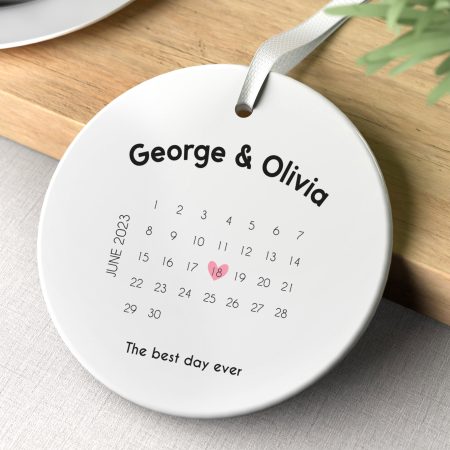 'The Best Day Ever' Calendar Design Ceramic Circle Decoration - Modern Wedding Ornament To Remember This Special Day