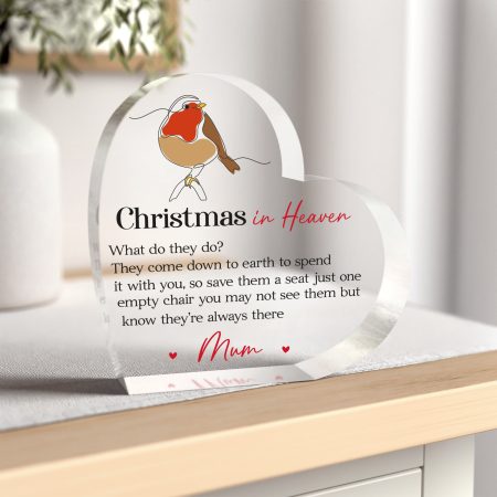 Beautiful Robin and Heartfelt Memorial Poem - Personalised Christmas in Heaven Memorial Clear Heart Ornament