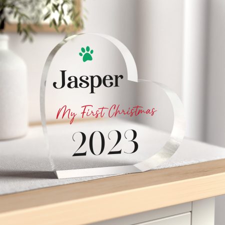 Dog's First Christmas Decoration - Personalised Printed Heart Acrylic Block For Dog Lovers at Christmas