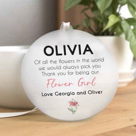 Floral Modern Design Flower Girl Thank You Gift - Personalised Frosted Acrylic Hanging Decoration