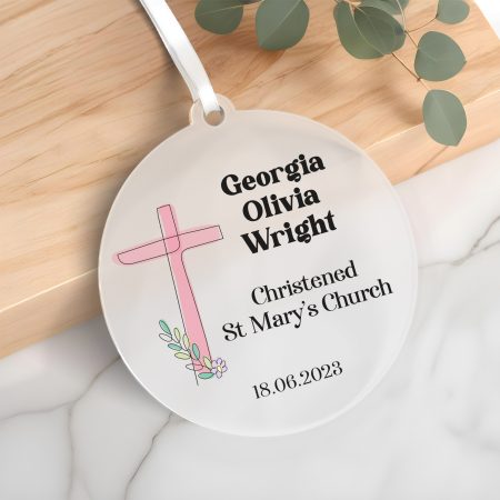 Personalised Christening Cross Ornament Gift - Printed Frosted Acrylic Hanging Decoration
