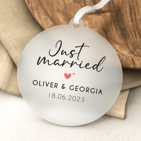 'Just Married' - Printed Personalised Frosted Acrylic Decoration - Perfect For Newlywed Couples