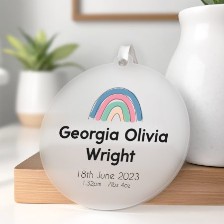 Personalised New Baby Rainbow Hanging Decoration - Printed Frosted Acrylic Keepsake with Name, Date, Time and Weight of Your Little One