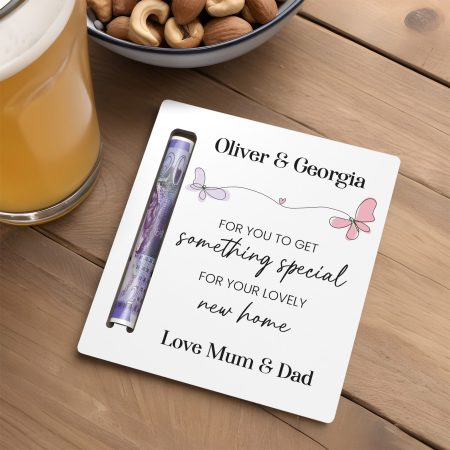 Personalised White Acrylic Money Holder - Modern Pink and Purple Butterfly Design for a New Home