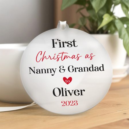 Personalised First Christmas As Nanny and Grandad Frosted Acrylic Tree Decoration