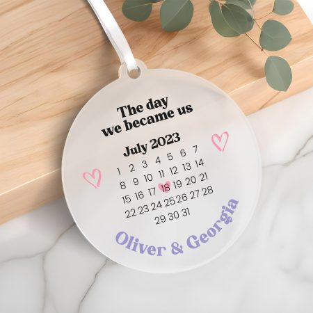 Personalised 'The Day We Became Us' Couples Printed Frosted Decoration