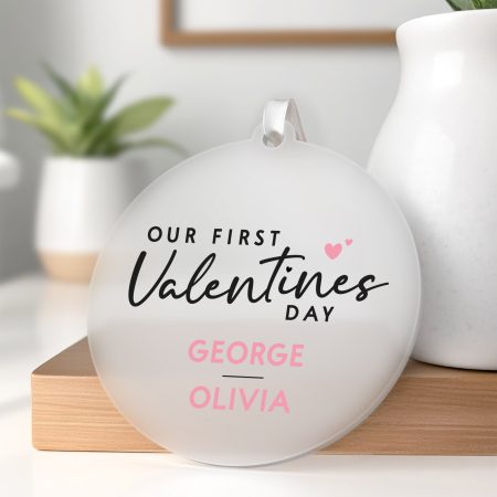 Personalised Our First Valentines Day Gift - Printed Frosted Acrylic Decoration for Couples