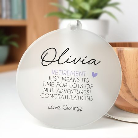 Personalised Retirement Frosted Acrylic Circle - Chic Printed Finish for Loved Ones
