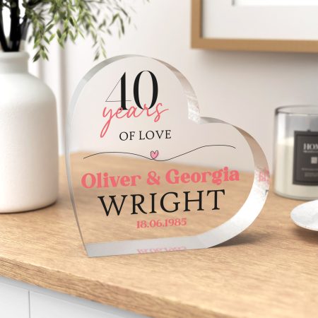 40 Years of Love Clear Heart Keepsake - Personalised 40th Anniversary Heart Shape Acrylic Wedding Ornament