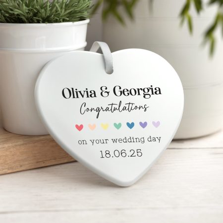 Printed Congratulations Colourful Ceramic Heart Gift - Personalised Wedding Day Present for a New Couple