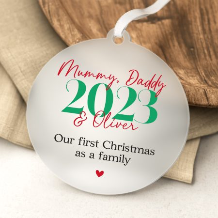 Personalised First Christmas As A Family Tree Decoration - Printed Frosted Acrylic Family Present