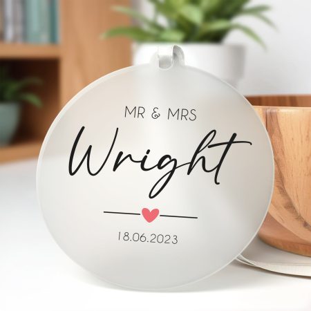 Personalised Mr and Mrs Surname Wedding Gift - Printed Frosted Acrylic Hanging Decoration
