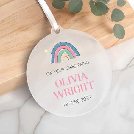 Personalised Girls Boys Christening Rainbow Ornament - Printed Frosted Finish Acrylic Decoration