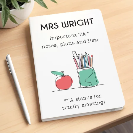 'TA Stand for Totally Amazing' Funny Personalised Teaching Assistant Gift - Printed White notebook and Pen