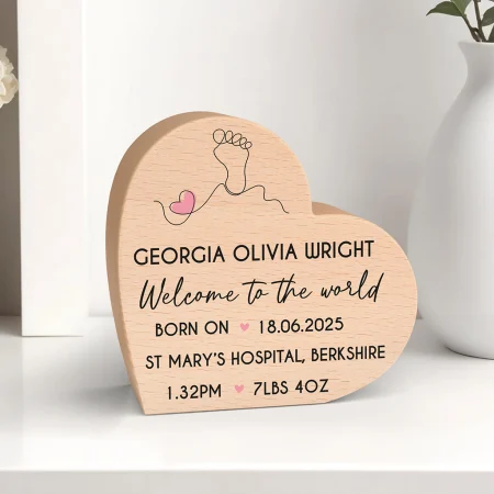 'Welcome To The World' Printed New Baby Beech Wooden Heart - Personalised Elegant Gift for a Newborn