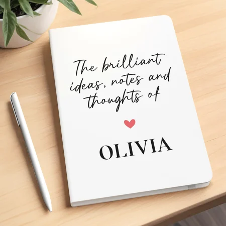 Personalised Printed Funny Script Design White Notebook - 'Brilliant Ideas, Notes and Thoughts' Gift for Her