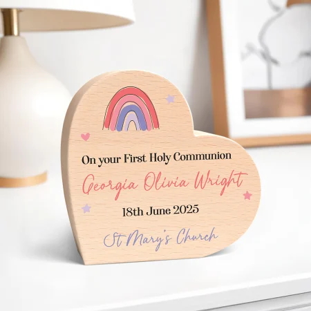 First Holy Communion Printed Wooden Heart Gift - Personalised Beech Heart with Pink and Purple Rainbow Design