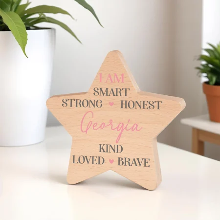 'I Am Strong' Personalised Daily Affirmation Gift - Printed Beech Star for Girls and Boys