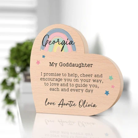 'I Promise to Help You' - Personalised Beech Heart Christening Gift - Printed Heartfelt Verse and Pastel Rainbow Design