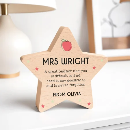 Personalised Teacher Thank You Printed Beech Star - End of Term Thank You Present