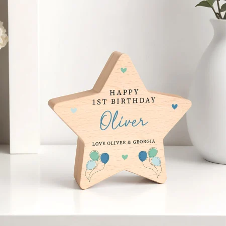 1st Birthday Personalised Printed Wooden Star - Modern Blue and Green Beech Nursery Decoration