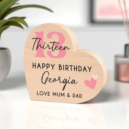 13th Birthday Printed Pink Wooden Beech Heart Gift - Modern Heart Design Wooden Birthday Keepsake