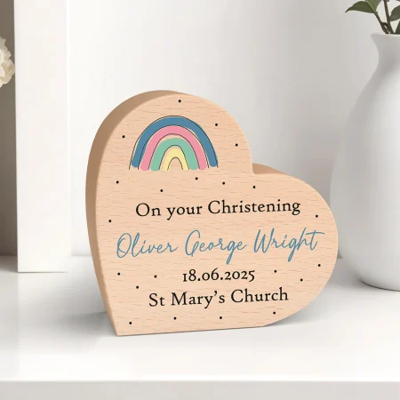 Personalised Christening Keepsake for Boys Gift - Printed Beech Wooden Heart with Watercolour Rainbow Design