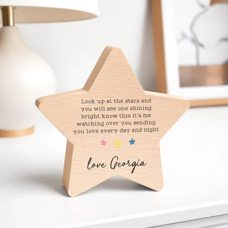 Personalised Mothers Day Memorial Present - Printed Beech Star with Heartfelt Verse Keepsake