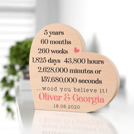 Personalised 5th Wedding Anniversary Freestanding Beech Heart - Funny Printed Pink and Black Design