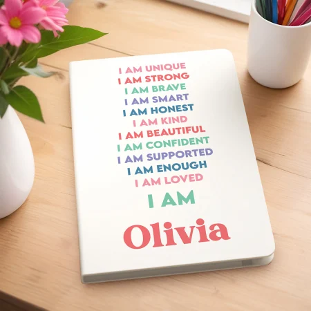 'I Am Loved' Affirmation Design White Notebook - Personalised Printed Colourful Notebook and Pen Gift for Kids