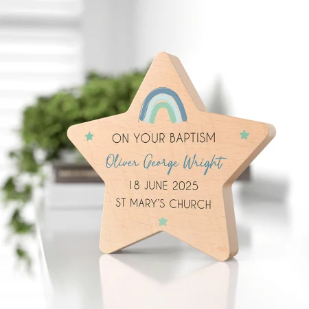 Personalised Baptism Present for Boys - Printed Blue and Green Design Beech Star Block Gift