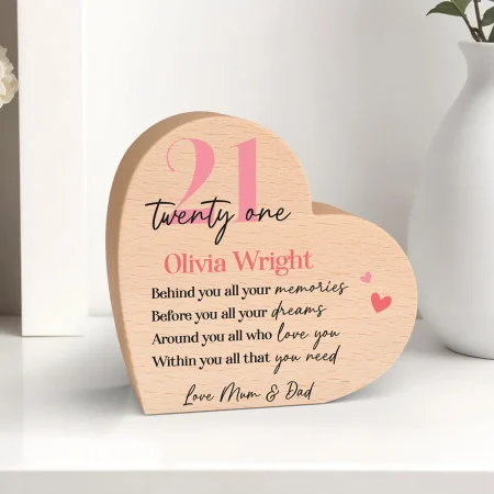 21st Birthday Printed Beech Heart Gift for Her - Personalised Wooden Birthday Keepsake