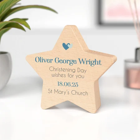 Personalised Christening Wooden Beech Star Gift - Lovely Printed Keepsake for Boys