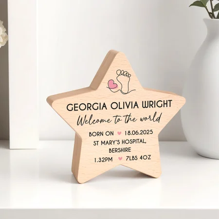 'Welcome To The World' Illustrative New Baby Present - Printed Personalised Beech Star Keepsake