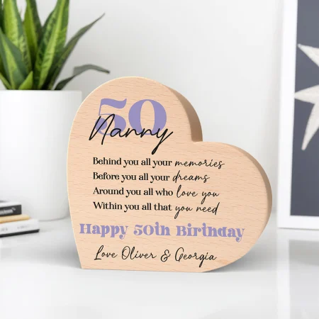 50th Birthday Wooden Beech Heart - Personalised Purple and Black Printed Design