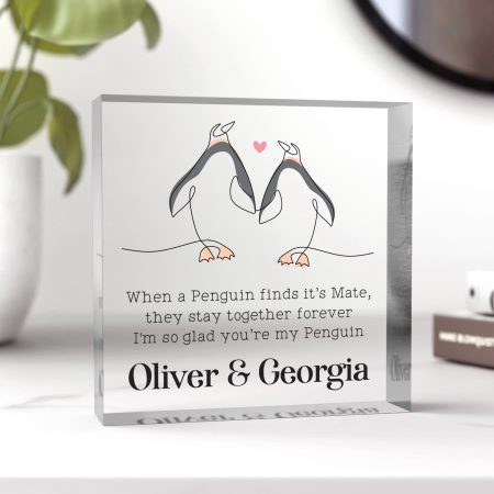 'You're My Penguin' - Personalised Couples Valentines Day Gift - Printed Clear Acrylic Block Keepsake
