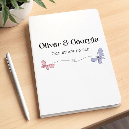 'Our Story So Far' Watercolour Butterfly Design White Notebook - Personalised Notepad and Pen Valentines Gift