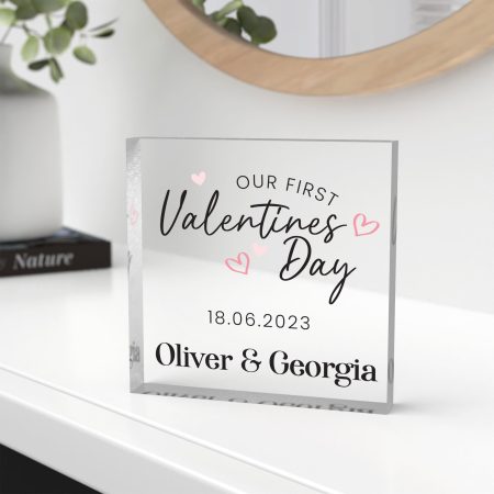 First Valentines Day Clear Block Decoration - Personalised First Valentines as a Couple Unique Gift