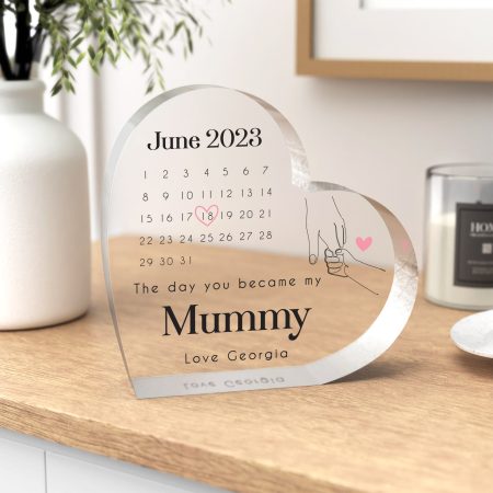 'The Day You Became My Mummy' Personalised Clear Heart Block - Printed Elegant Calendar Design Mothers Day Gift