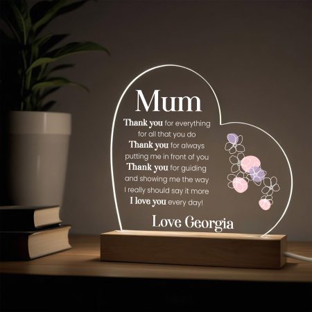 Mothers Day 'Thank You' LED Heart Gift - Personalised Mothers Day Unique Present for Her