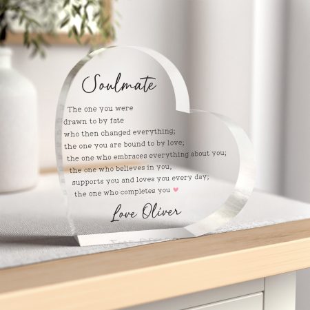 Soulmate Gift - Couples Acrylic Heart - Personalised Valentines Day Gifts for Girlfriend, Boyfriend