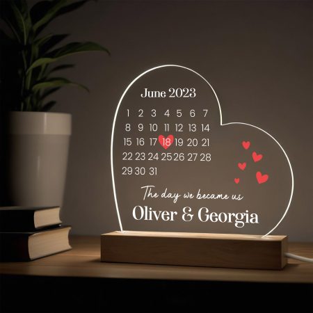 Couples Valentine's Day Gift for Girlfriend 'The Day We Became Us' Personalised LED Light with Calendar Design