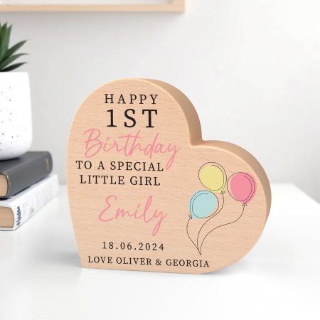 1st Birthday Beech Wooden Heart Gift -  Personalised Boy or Girl Colourful Wooden Heart Birthday Keepsake Present