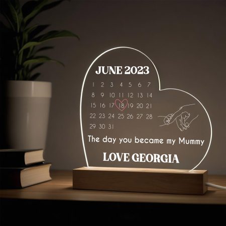 'The Day You Became My Mummy’  Personalised LED Heart Lamp Gift for Mothers Day – Heartfelt Modern Calendar Design